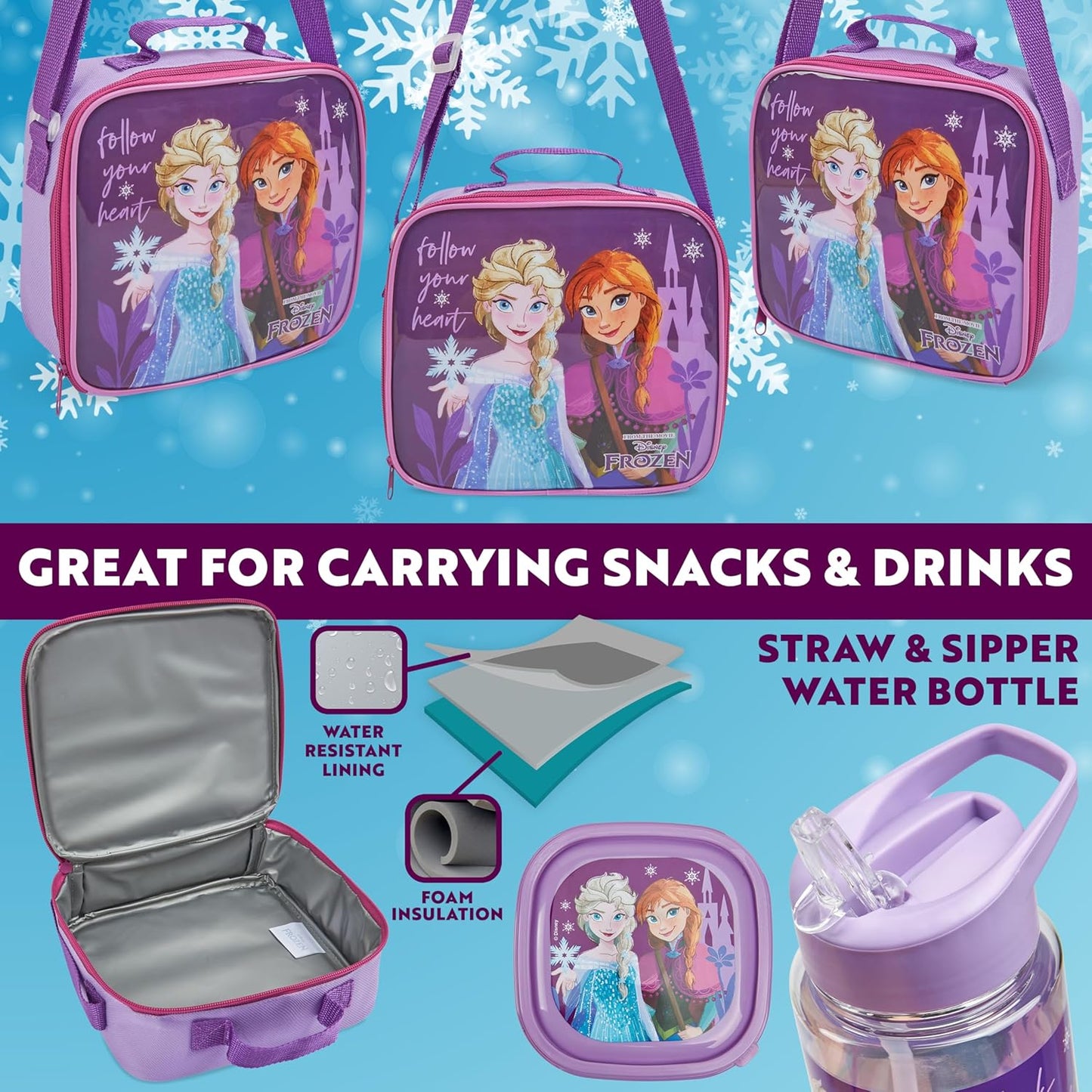 Get Trend Disney Frozen Kids Lunch Bag Set 3 Pc with Leak Proof Water Bottle and Small Lunch Box Insulated for School Daycare or Travel (Frozen)