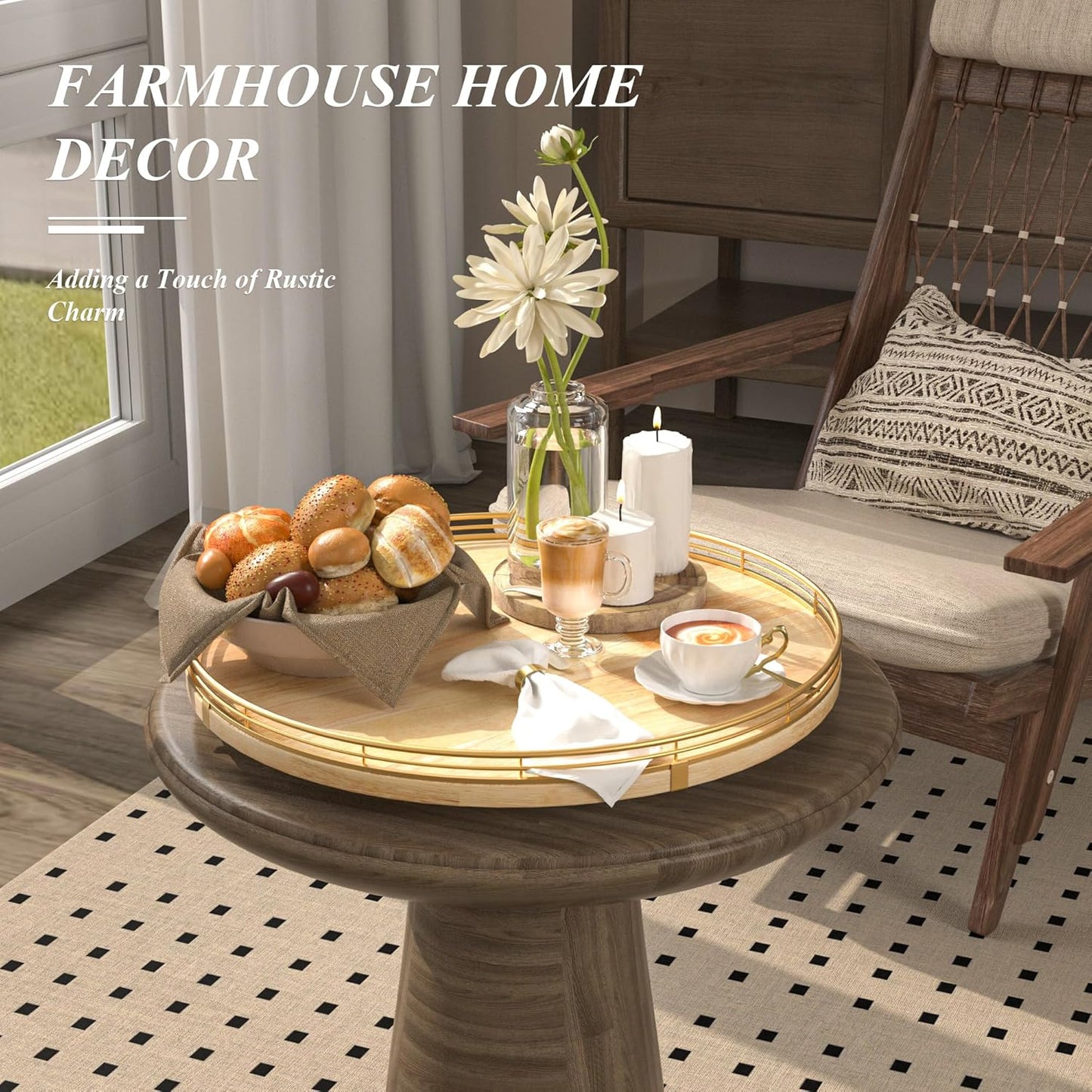 16 Inch Rustic Lazy Susan Turntable – Solid Oak & Iron Wood Rotating Tray for Dining Table, Kitchen Counter, Coffee Table – Farmhouse Style Large Wooden Lazy Susan Organizer for Home Décor