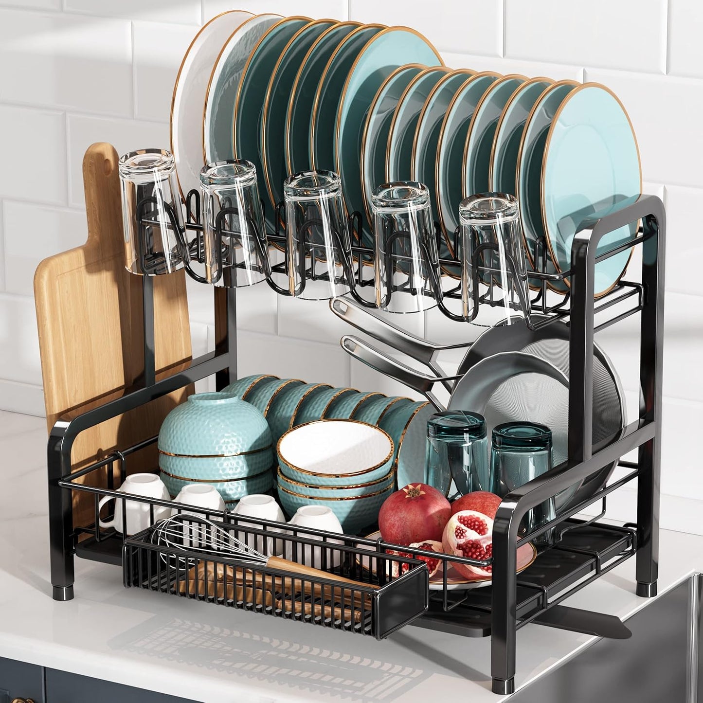 BOOSINY Dish Drying Rack and Drainboard Set for Kitchen Counter, 2 Tier Large Stainless Steel Sink Organizer Dish Racks with Cups Holder, Utensil Holder, Black Dish Strainer Shelf