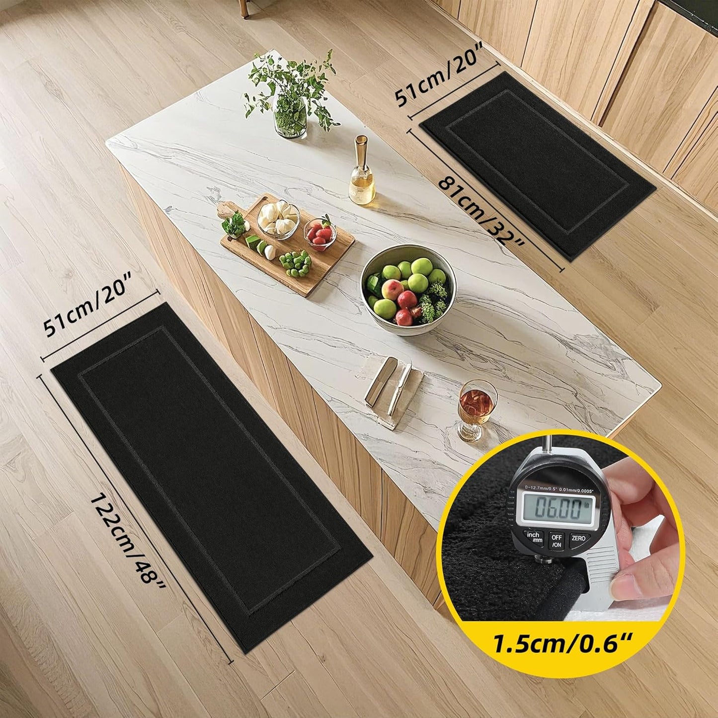 JSEI Non-Slip Kitchen Mats, Self Adhesive No Sliding Kitchen Rugs Set of 2, Washable Absorbent Floor Mat for Kitchen, Bathroom, Laundry Room, Bedroom, 20”x32”+20”x48”, Black, Rectangular Pattern