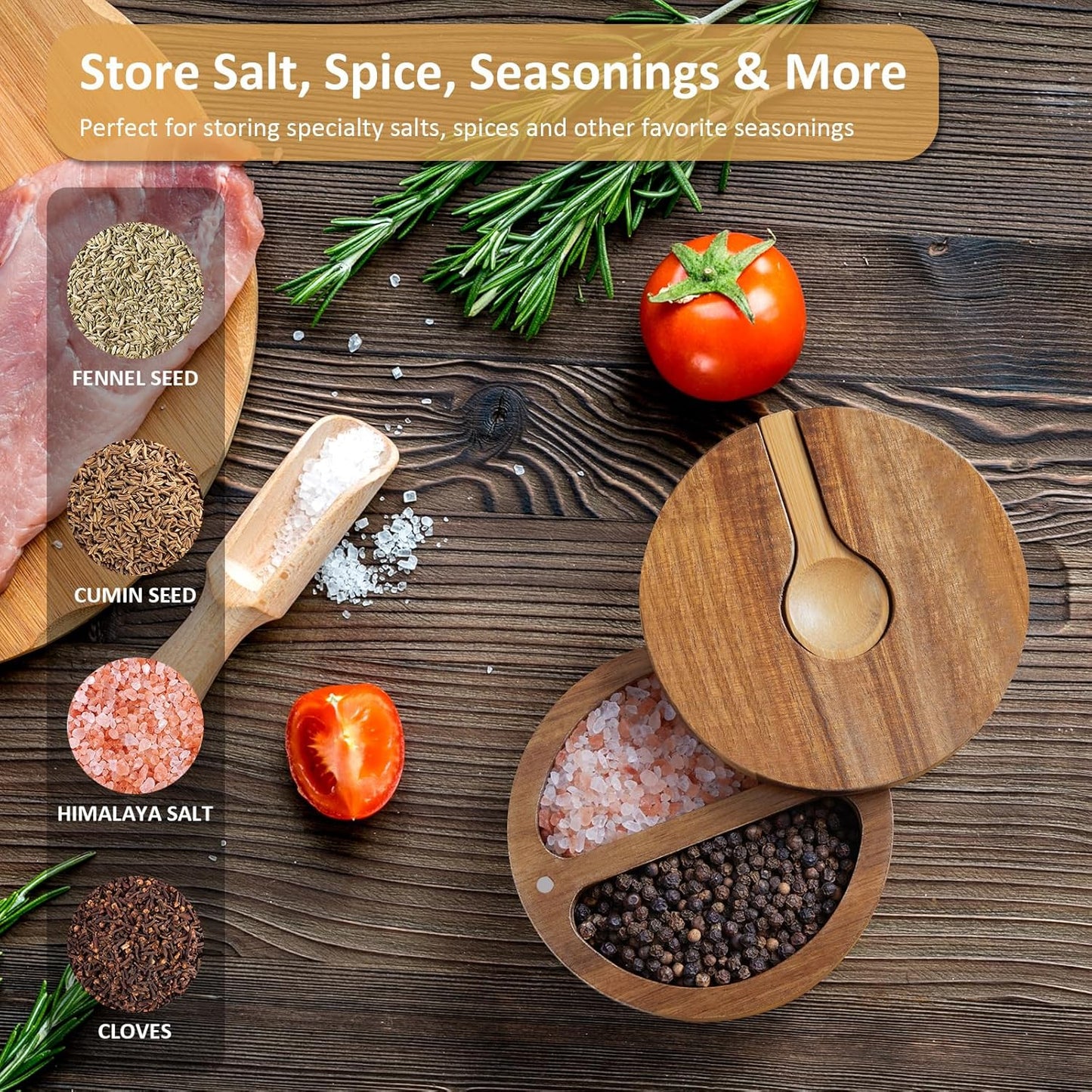 2-Compartment Acacia Salt Box with Lid and Spoon, Salt Cellar with Swivel Lid, Salt Container Holder for Sea Salt Herbs or Favorite Seasonings, Dual 6 oz Salt Bowl