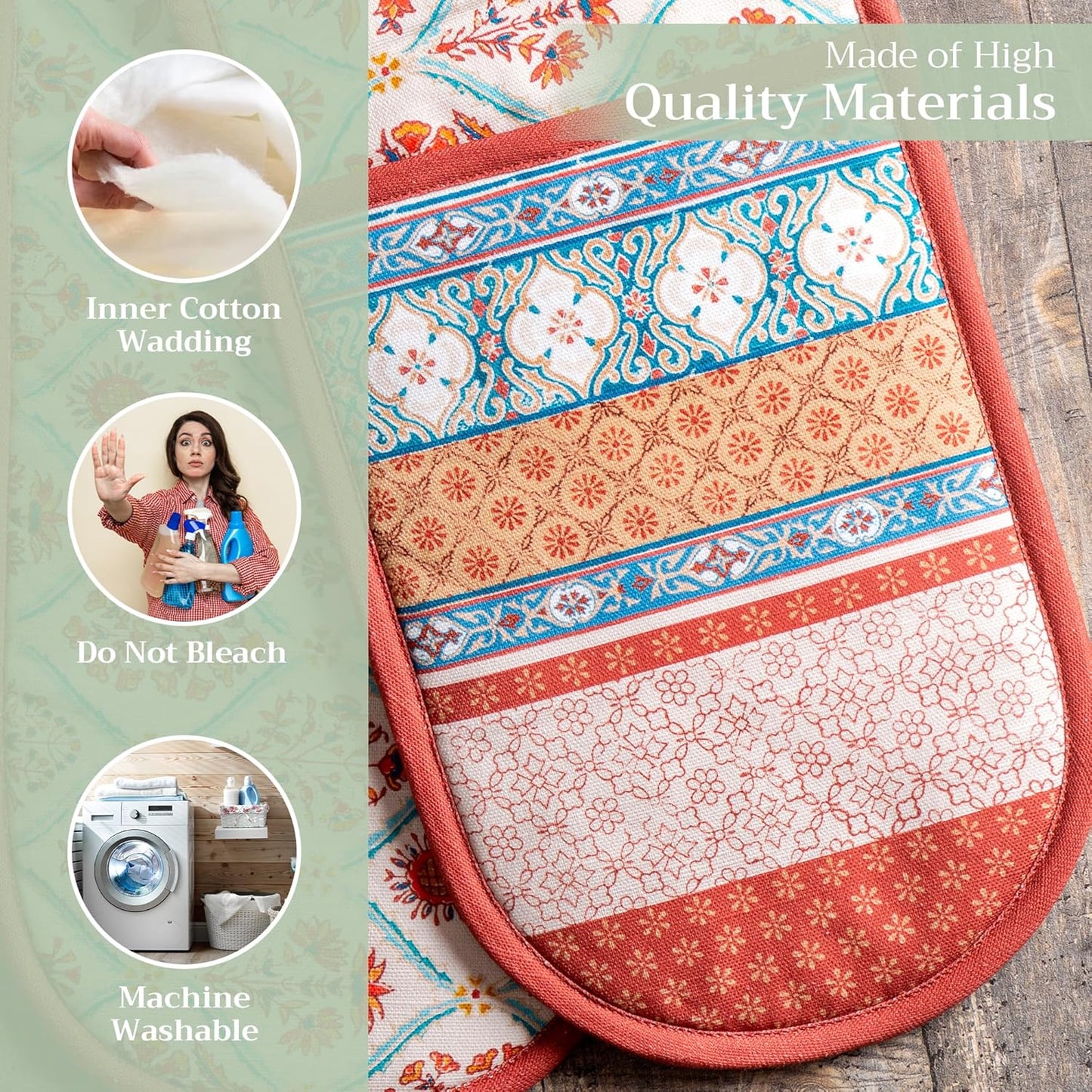 Maison d' Hermine Double Oven Mitts 100% Cotton 7"x35" Double Oven Mitt Heat Resistant BBQ Cooking Gloves with Loop, Baking, Grilling, Home, Kitchen, Handling Hot Pans (Romane)