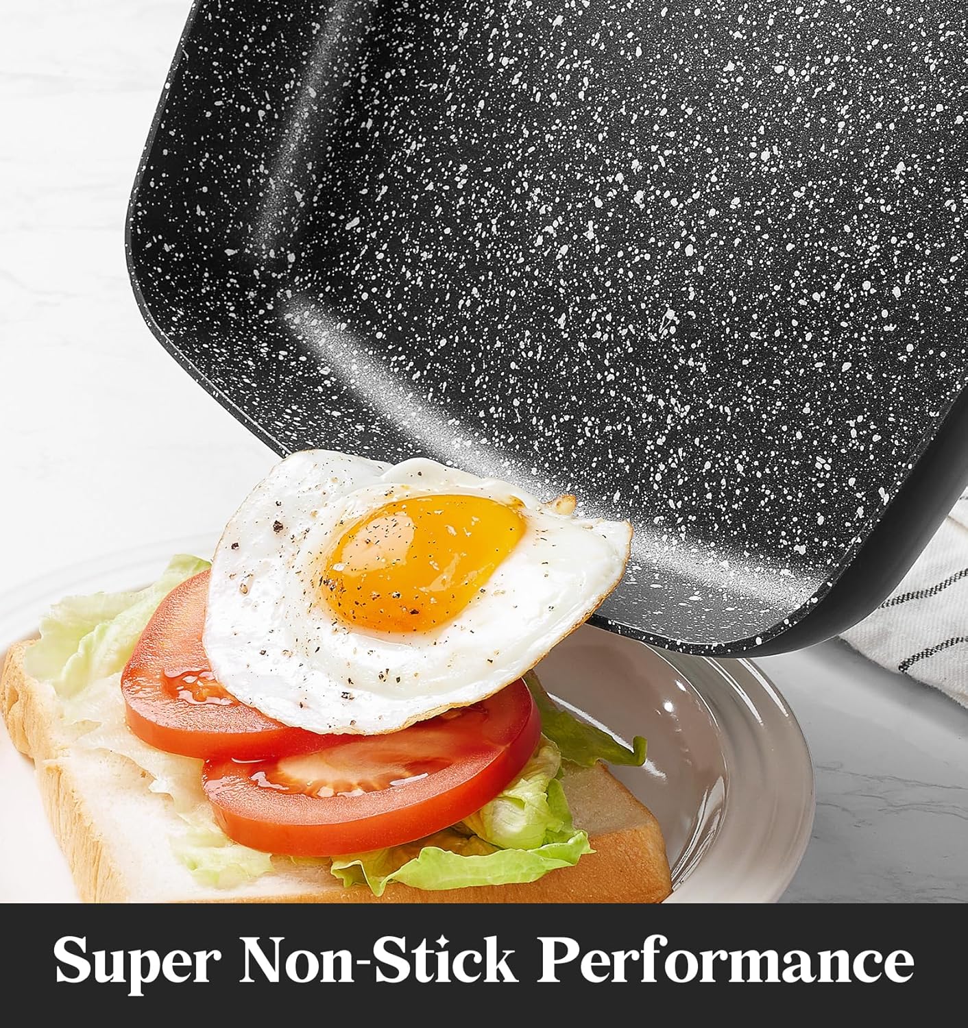 KOCH SYSTEME CS 9.5 Inch Nonstick Grill Pan for Stove Tops, Marble Coating Square Grill Skillet with Lid, Fry Pan Compatible with all Stoves, Ultimate Nonstick Skillet with Bakelite Handle, Toxic-Free