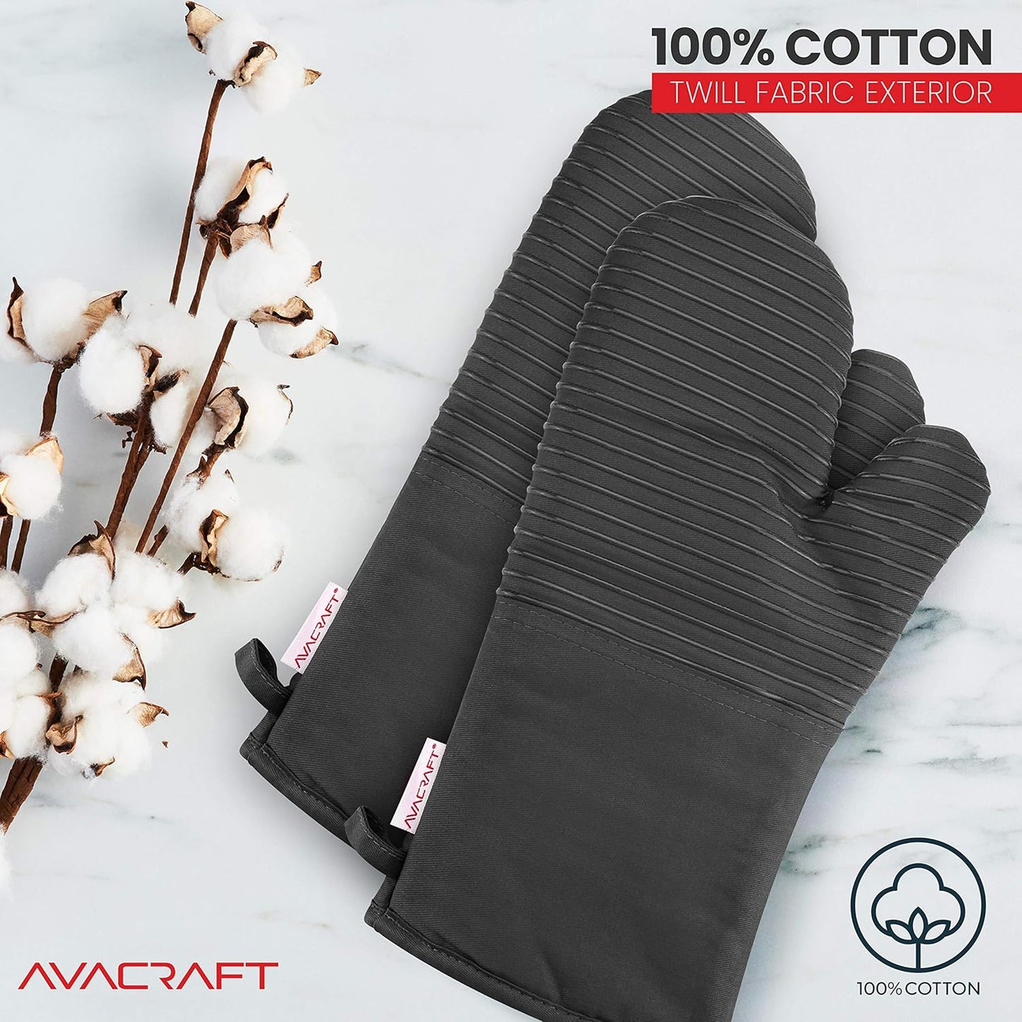 AVACRAFT Oven Mitts Pair, Flexible, 100% Cotton with Unique Heat Resistant Food Grade Silicone, Thick Terry Cloth Interior, 500 F Heat Resistant (Grey Oven Mitts)