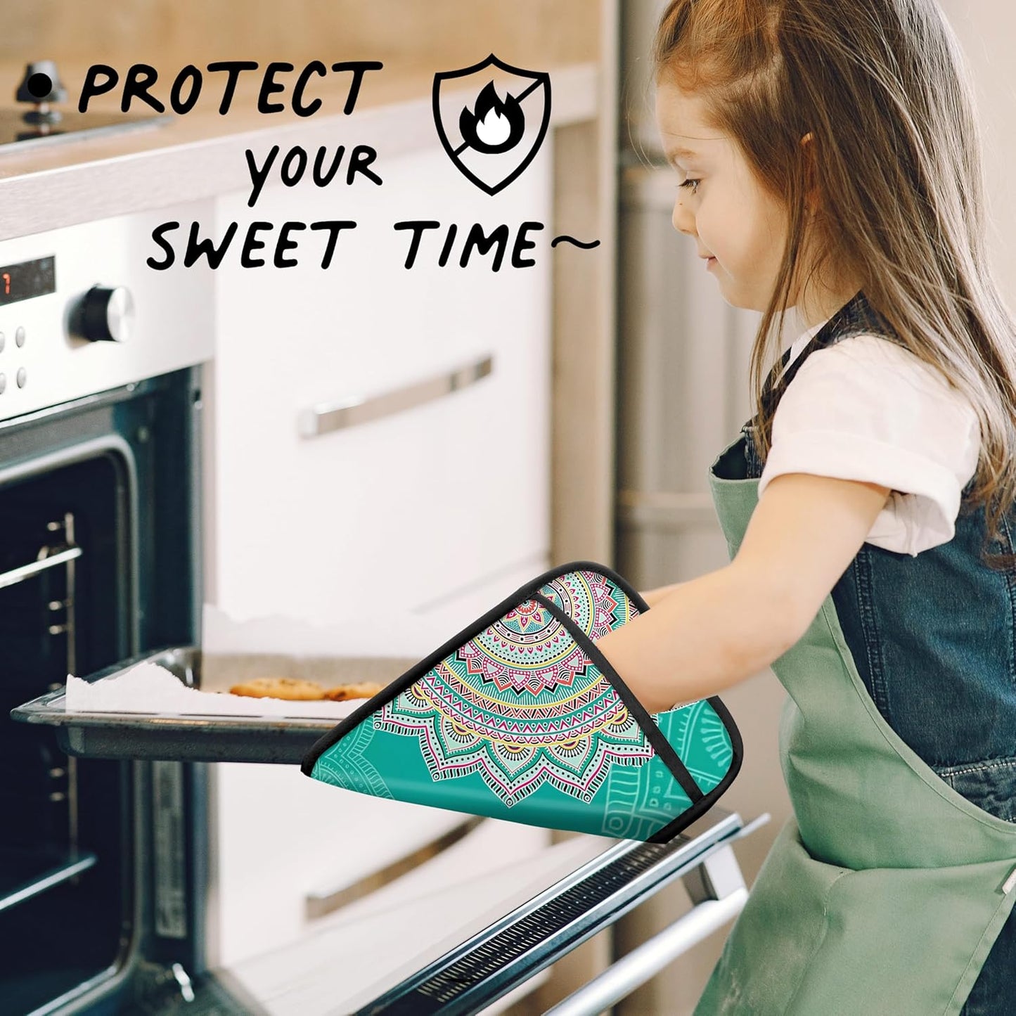 Turquoise Abstract Mandala Floral Pot Holders for Kitchen, Boho Colorful Ethnic Flower Botanical Heat Resistant Hot Pads and Oven Mitts for Baking Cooking，379 potholder