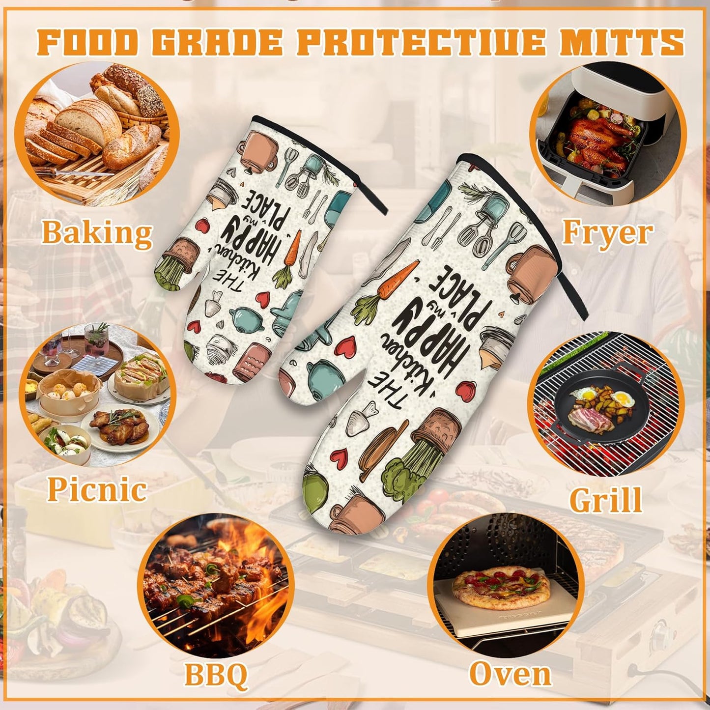 Oven Mitts and Pot Holders,The Kitchen is My Happy Place Heat Resistant Oven Mitts Gloves and Pot Holder for Home Kitchen Decorations Cooking Baking BBQ Gifts,Set of 4