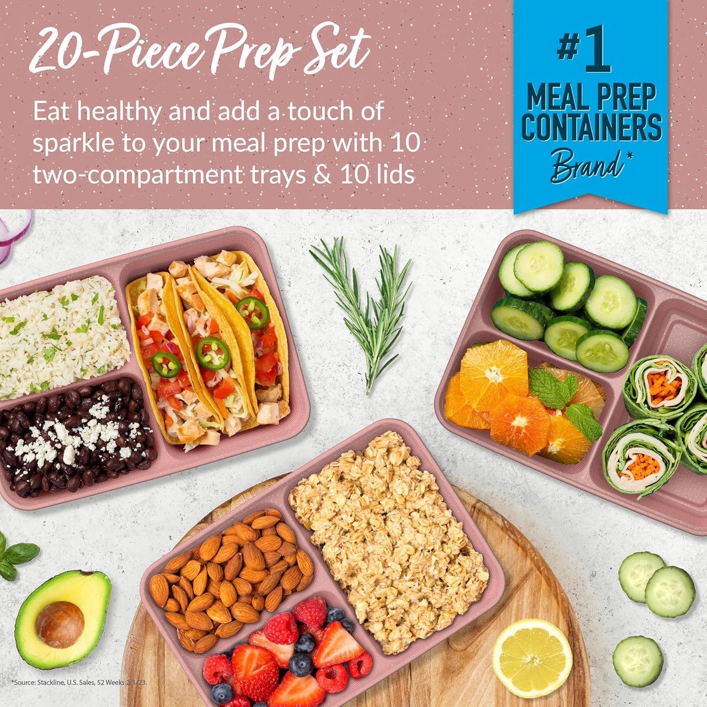 Bentgo 20-Piece Lightweight, Durable, Reusable BPA-Free 3-Compartment Containers - Microwave, Freezer, Dishwasher Safe (Garden Edition - Rosette Glitter)