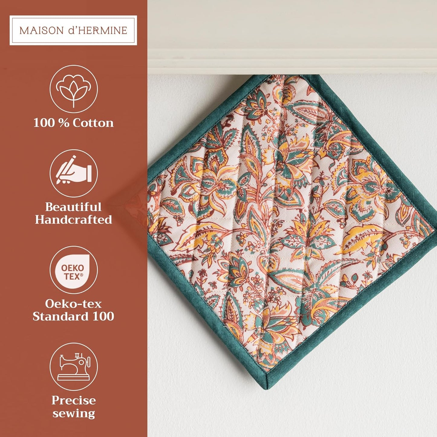 Maison d' Hermine Pot Holders Set 100% Cotton Heat Resistant Potholders 8" x 8" Hot Pads with Loop BBQ, Cooking, Baking, Grilling, Kitchen, Handling Hot Pans (Pack of 2, Nila)