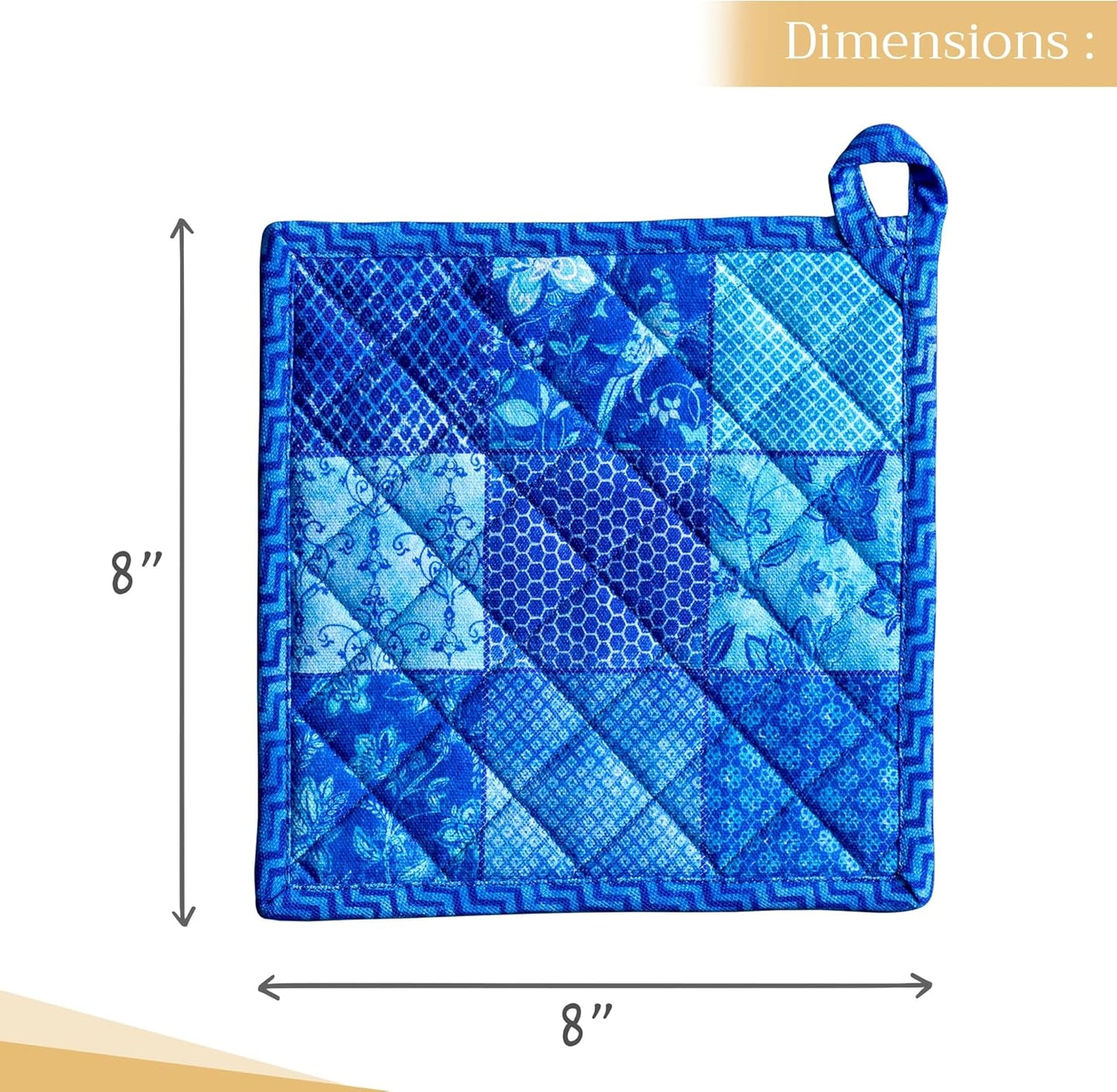 Maison d' Hermine Pot Holders Set 100% Cotton Heat Resistant Potholders 8" x 8" Hot Pads with Loop BBQ, Cooking, Baking, Grilling, Kitchen, Handling Hot Pans Spring/Summer (Pack of 2, Indigo Love)