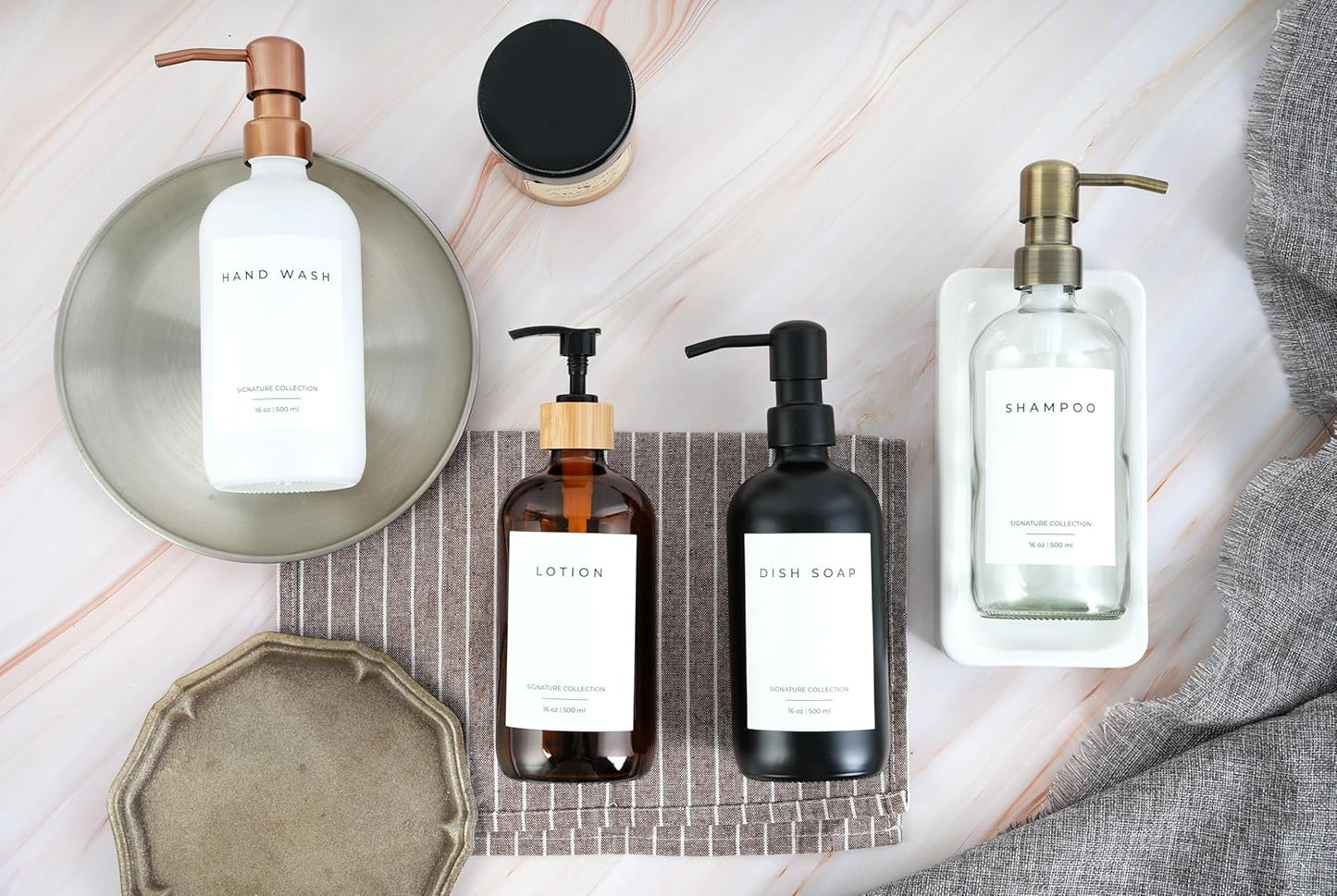 Emerson Essentials Soap Dispenser for Kitchen, Dish Dispenser for Kitchen, Bathroom Hands Set, Glass Bottles with Pump and Labels - 16 Oz, 2 Pack