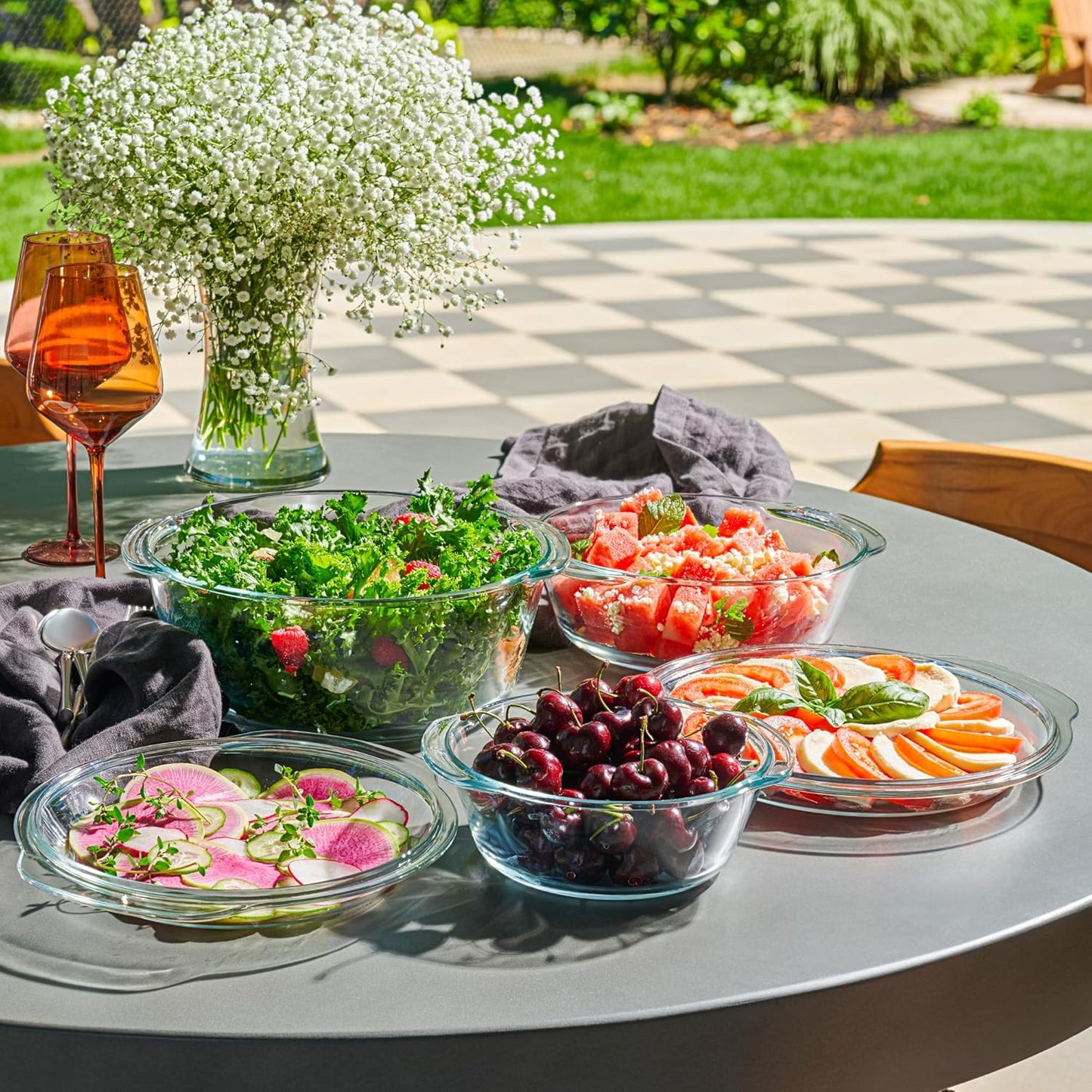 6-Piece Glass Tureen Dishes for Oven - Durable Borosilicate Glass Bakeware Set with Lids, Microwave Safe, Versatile Round Covered Baking Dishes. Clear Lead-Free Casserole Cookware.