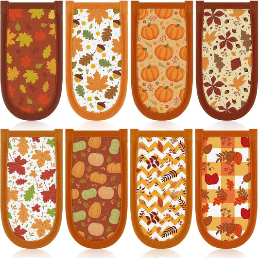 Patelai 8 Pieces Fall Cast Iron Skillet Handle Covers Pan Handle Holder Sleeve Heat Resistant Non Slip Skillet Pot Holders Mitt for Fall Thanksgiving Kitchen Cooking BBQ Baking Cookware, 8 Styles