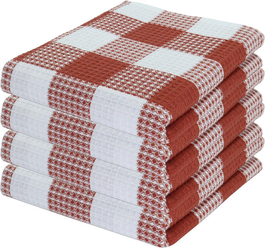 PurpleEssences Rust 100% Cotton Waffle Weave Check Plaid Kitchen Towels, Super Soft and Absorbent Dish Towels for Drying Dishes 15 x 25-4 Pack - Spring Summer - Rust and White
