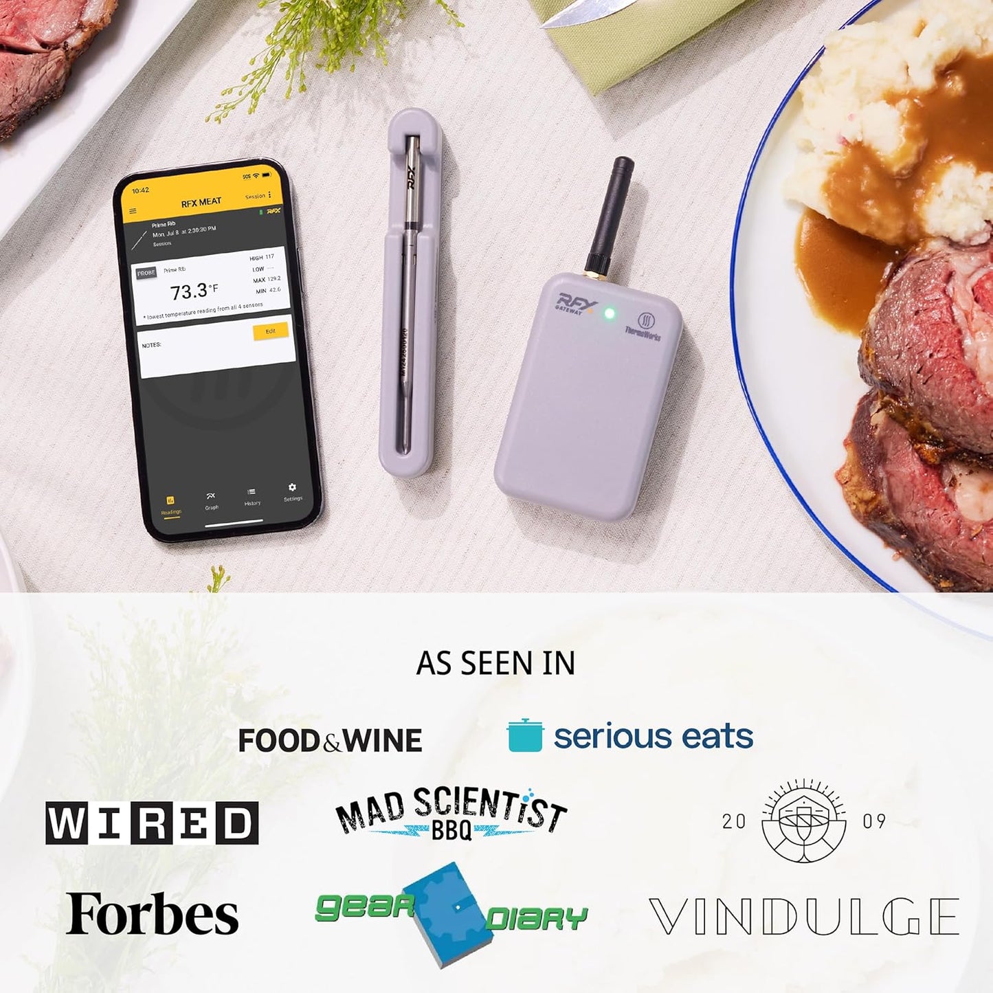 RFX | Smart Wireless Meat Thermometer | Wi-Fi & Radio Frequency | Stronger Signal Than Bluetooth | Meat Probe for Use in Smoker, Grill, BBQ, Oven - 2-Probe Kit