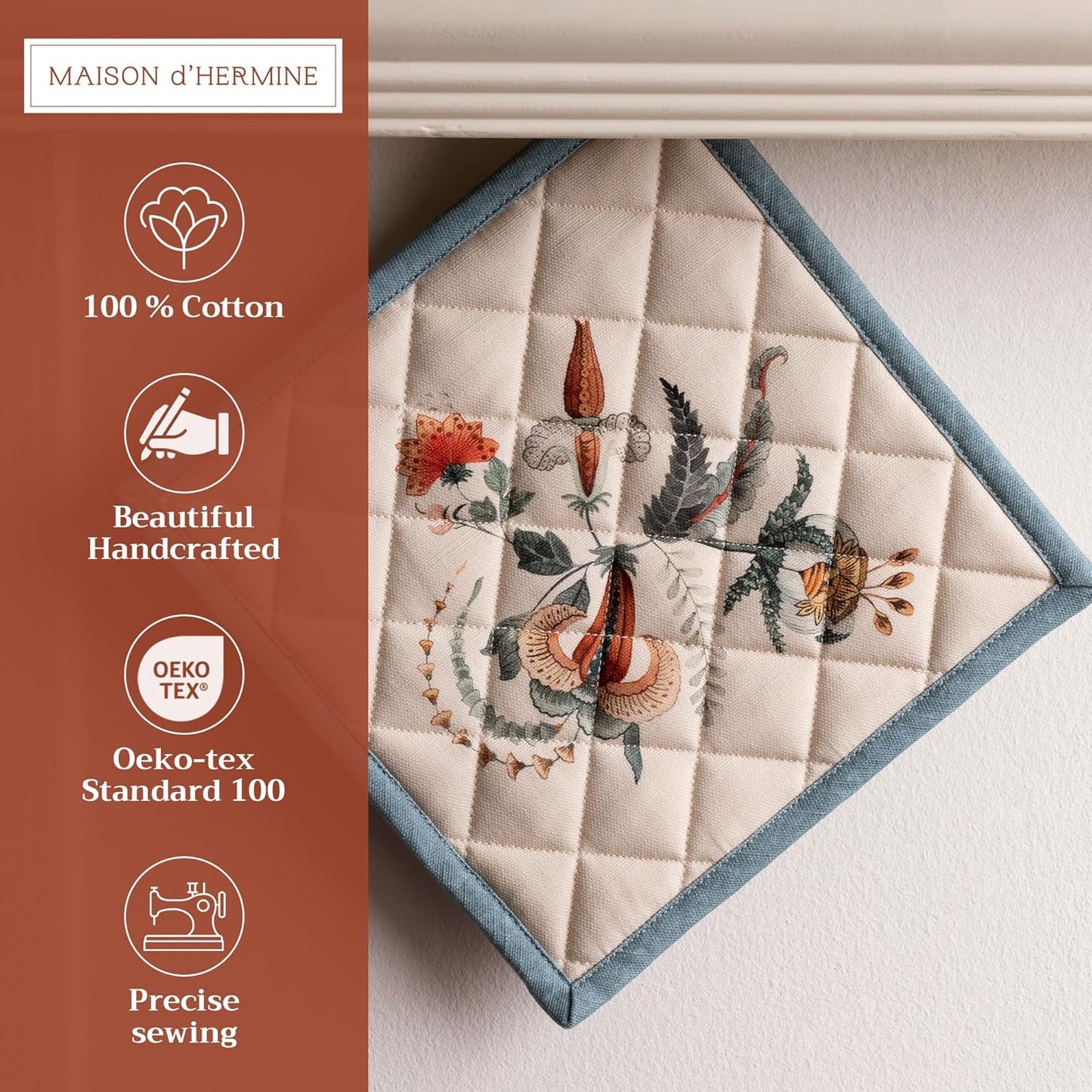 Maison d' Hermine Pot Holders Set 100% Cotton Heat Resistant Potholders 8" x 8" Hot Pads with Loop BBQ, Cooking, Baking, Grilling, Kitchen, Handling Hot Pans (Pack of 2, Dalida)