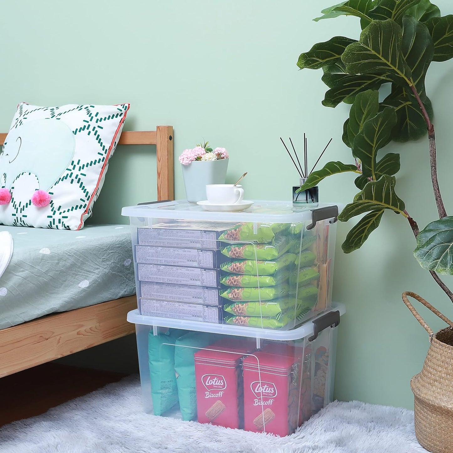 Citylife 44.4 QT Plastic Storage Bins with Latching Lids Stackable Storage Containers for Organizing Large Clear Storage Box for Garage, Closet, Kitchen, 8 Packs