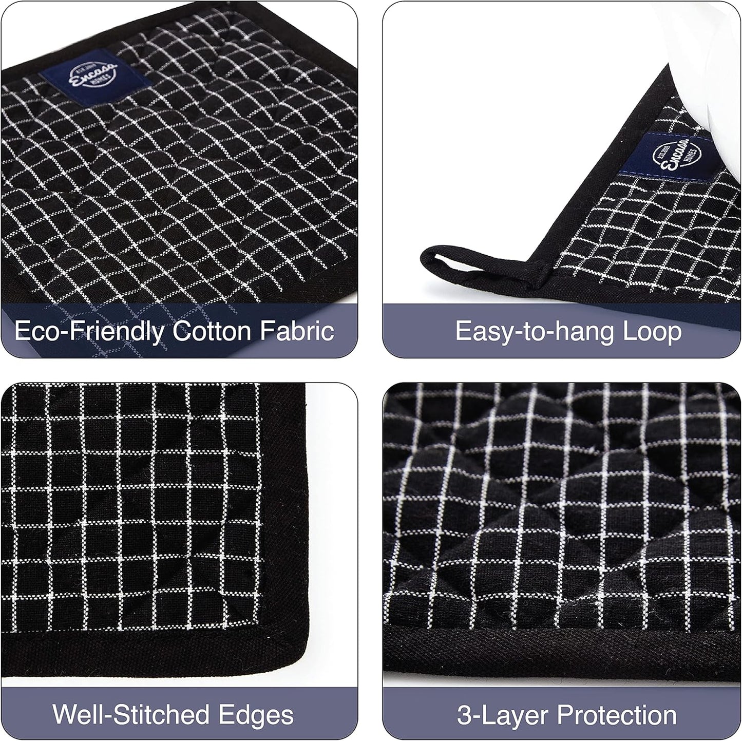 Encasa Homes 8 inches Oven Microwave Potholders (2 pc Set) for Kitchen Cooking & Baking - Heat Resistant, Thick & Safe, Protection of Hands from Hot Utensils - Butcher Checks Black