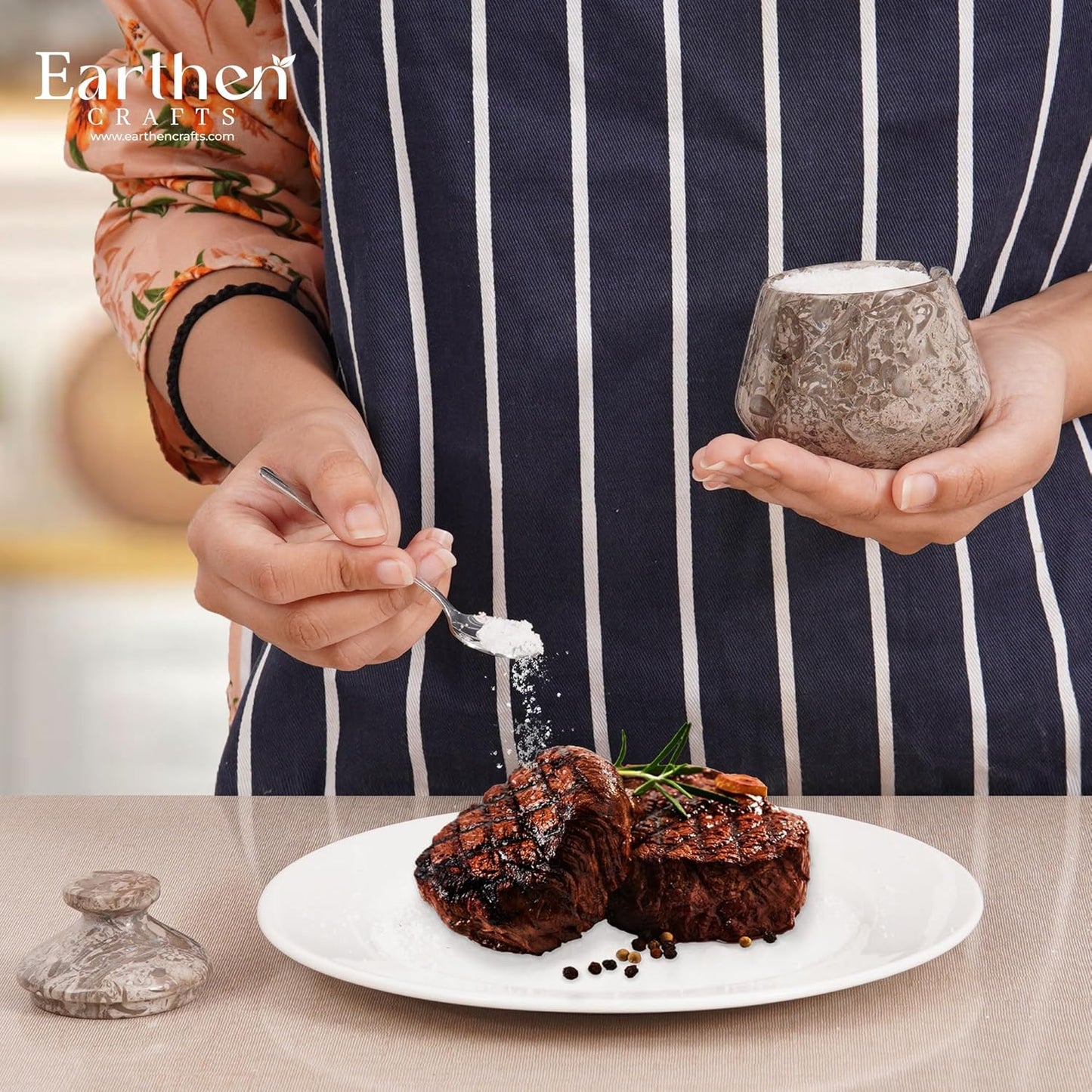 Marble Salt Cellar With Lid and Spoon 3" Inches Oceanic Salt Box, Natural Stone Salt Holder for Kitchen Counter Salt Container Sugar, Salt & Pepper Bowls