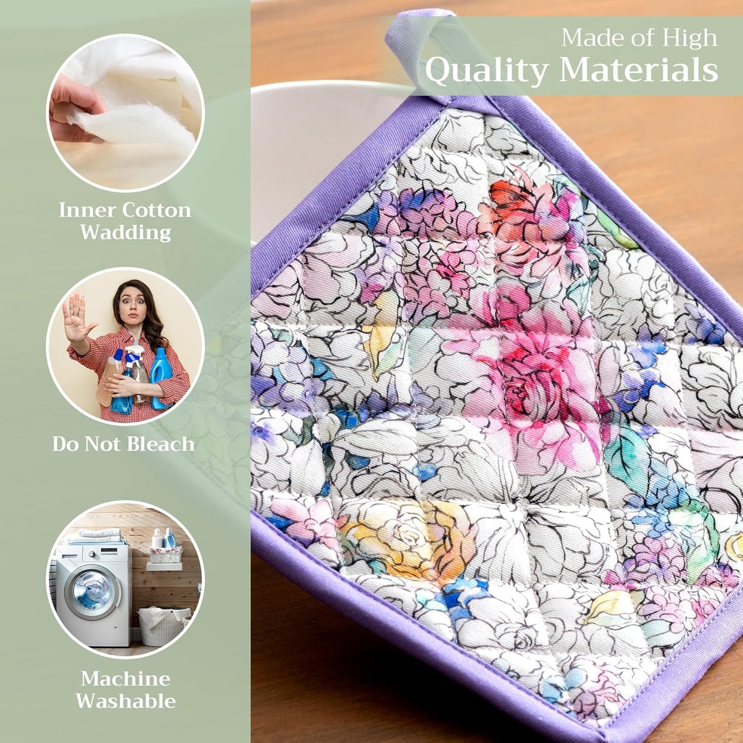 Maison d' Hermine Pot Holders 100% Cotton Heat Resistant Potholders 8" x 8" Hot Pads with Loop BBQ, Cooking, Baking, Grilling, Kitchen, Handling Hot Pans Spring/Summer (Pack of 1, Floral Love)