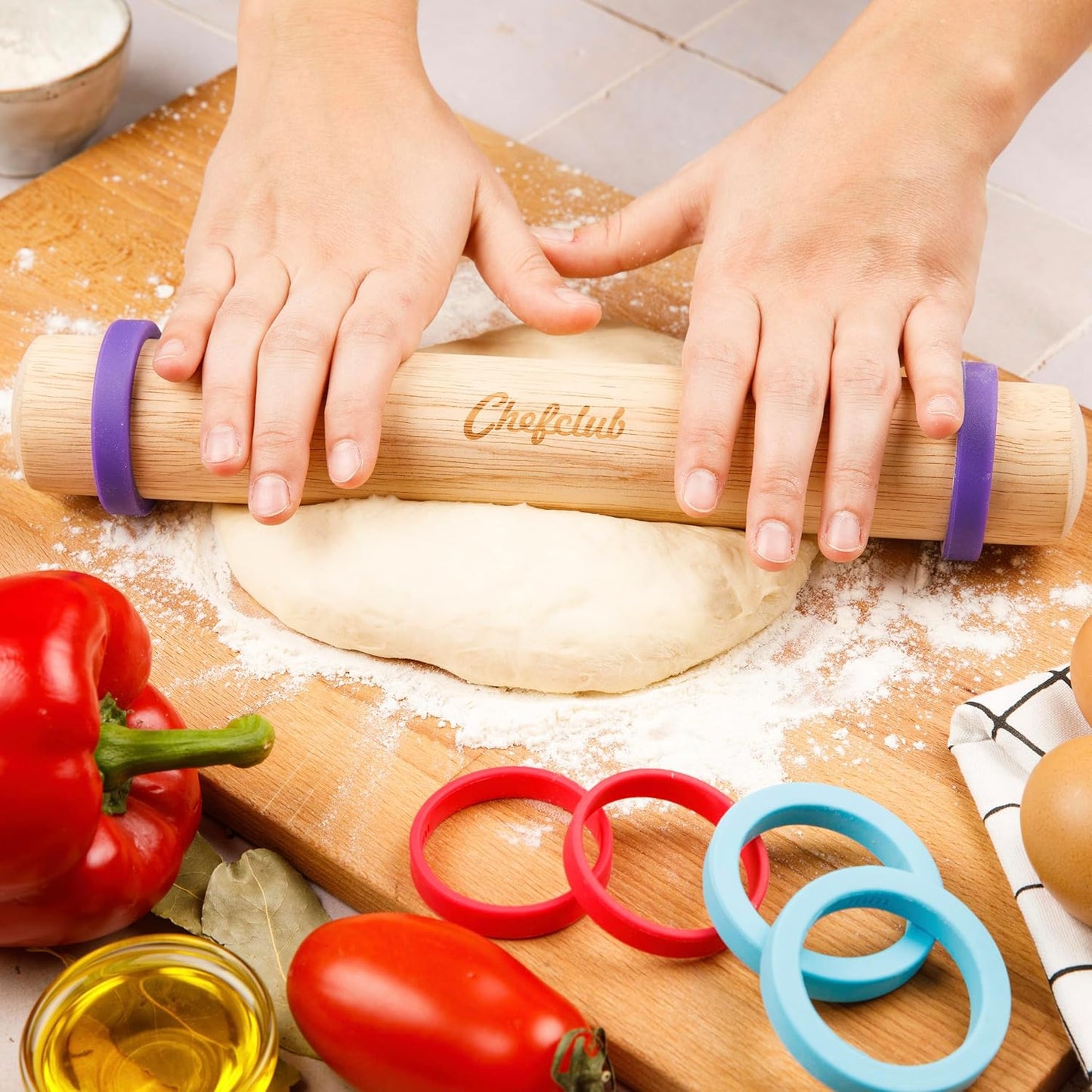 Chefclub Kids Adjustable Wooden Rolling Pin - 3 Removable Silicone Rings - Perfect for Baking & Pastry, Pizza, Pie, Cookie Dough - Precision Baking Tool for Kids