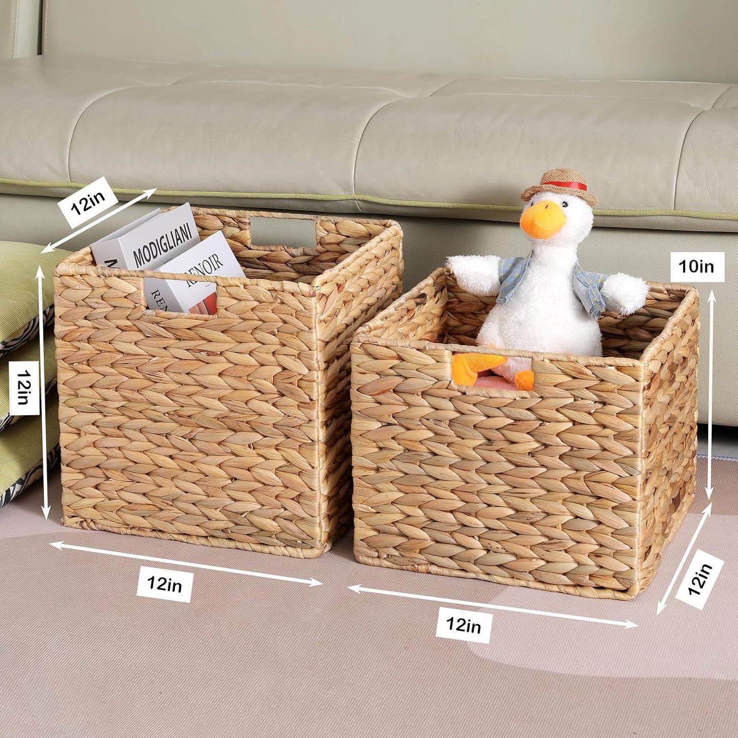 12x12x10 Water Hyacinth Folding Cube Wicker Storage Basket for Shelves, Pantry, Kitchen Organization and Storage