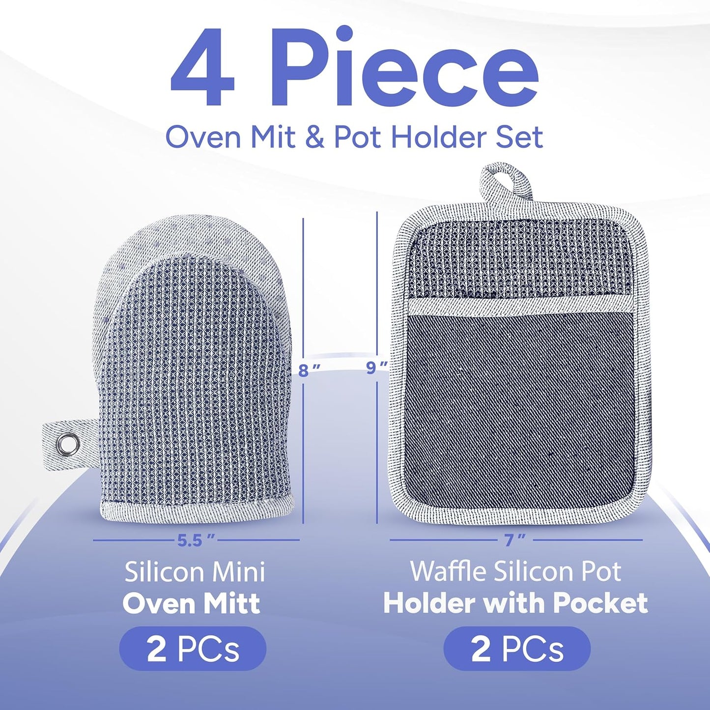 Casa Platino Silicone Oven Mitts & Potholders, 4-Piece – Pot Holders and Oven Mitts for BBQ & Baking, Oven Mitt for Kitchen & Microwave – Heat Resistant Up to 500°F, Durable & Flexible – Indigo