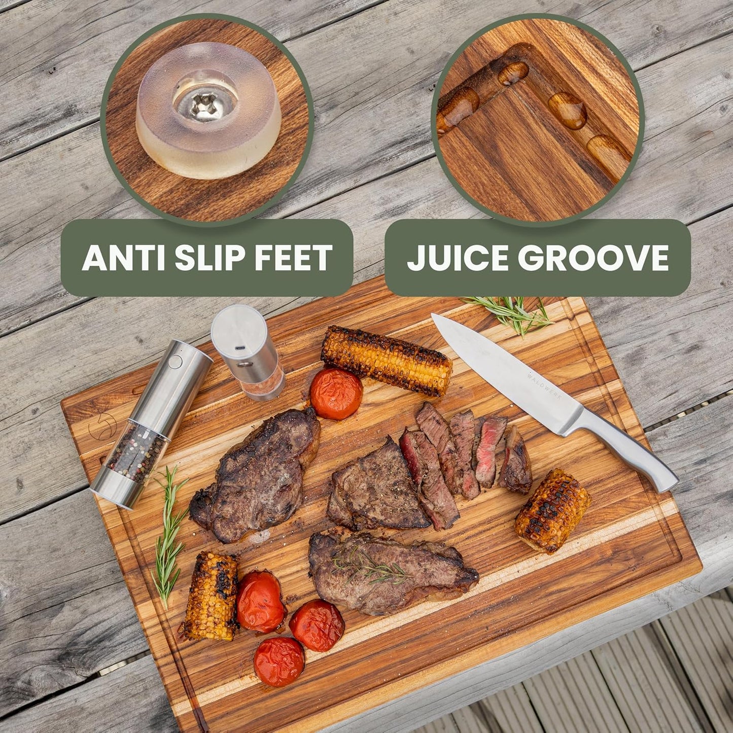 WALDWERK Large Teak Wood Cutting Board (24 x 18 x 1,2") - Solid Wood Cutting Board - Extra Large Teak Wood Chopping Board - Wooden Butcher Block for Kitchen