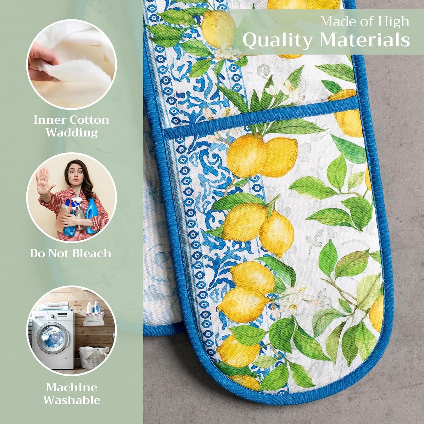 Maison d' Hermine Double Oven Mitts 100% Cotton 7"x35" Double Oven Mitt Heat Resistant BBQ Cooking Gloves with Loop, Baking, Grilling, Home, Kitchen, Handling Hot Pans Spring Summer (Cedrat)