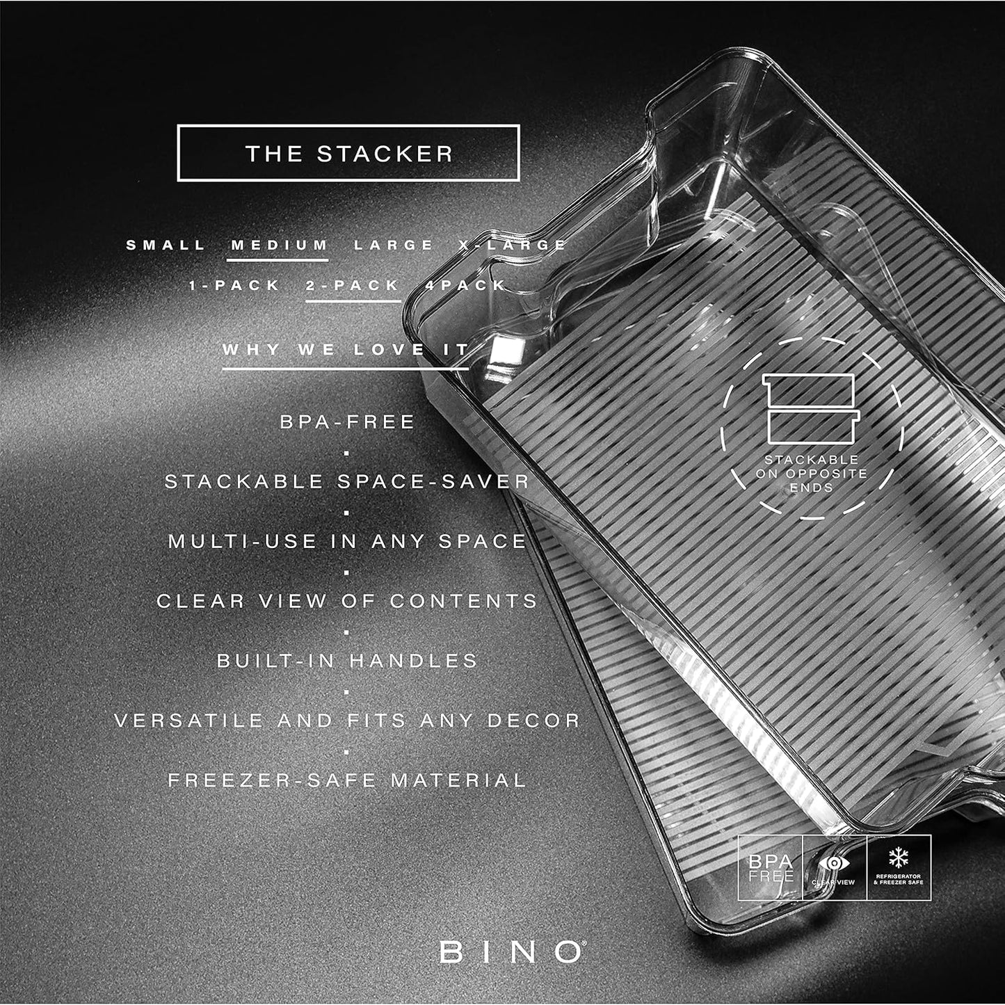 BINO | Stackable Storage Bins, Medium - 2 Pack THE STACKER COLLECTION Clear Plastic Built-In Handles BPA-Free Containers for Organizing Kitchen Pantry Multi-Use Organizer Bins