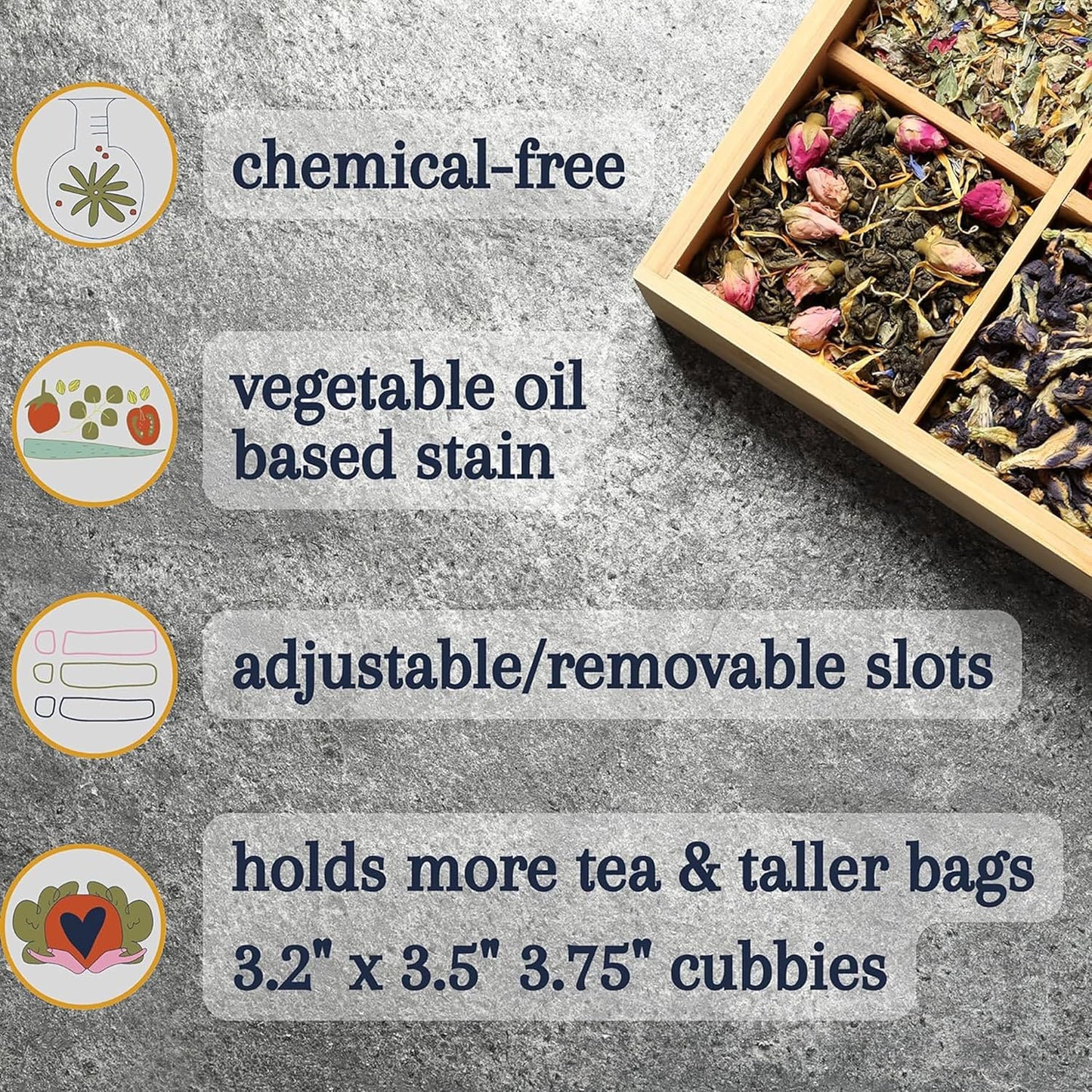 Bamboo Tea Organizer Box Chemical Free Eco-Friendly Big, Tall, Adjustable Cubbies Natural Wooden Storage Chest (4-Slot Square 7.4" x 8.1" x 4.2")