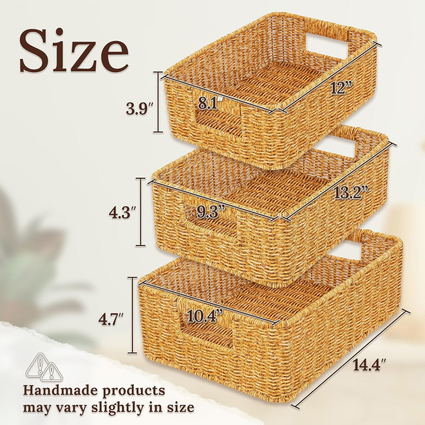 Baskets for Organizing, Undershelf Wicker Storage, Hand Woven Organizer for Closet Organization, Rectangular, Set of 3, Amber