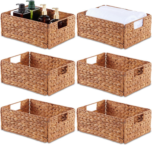 BLUEWEST Wicker Storage Baskets Pack 6, Woven Baskets for Storage, Laundry Water Hyacinth Basket for Organizing with Carrying Handles, Rattan Baskets (Brown, Rectangular)