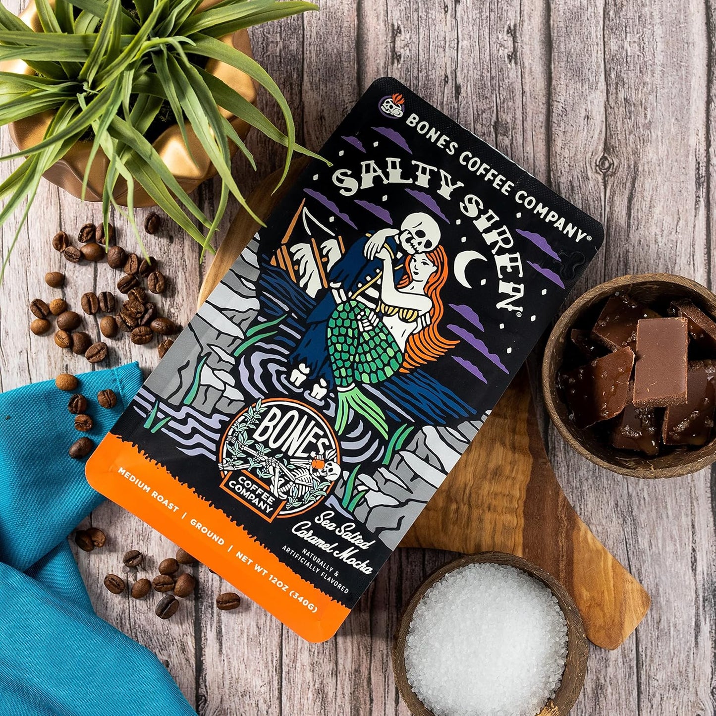 Bones Coffee Company Salty Siren, Sea Saled Caramel Chocolate Flavored Coffee, Medium Roast Low Acid Arabica Beans Compatible with Auto drip and French Press Coffee Maker, 12 Oz Whole Bean