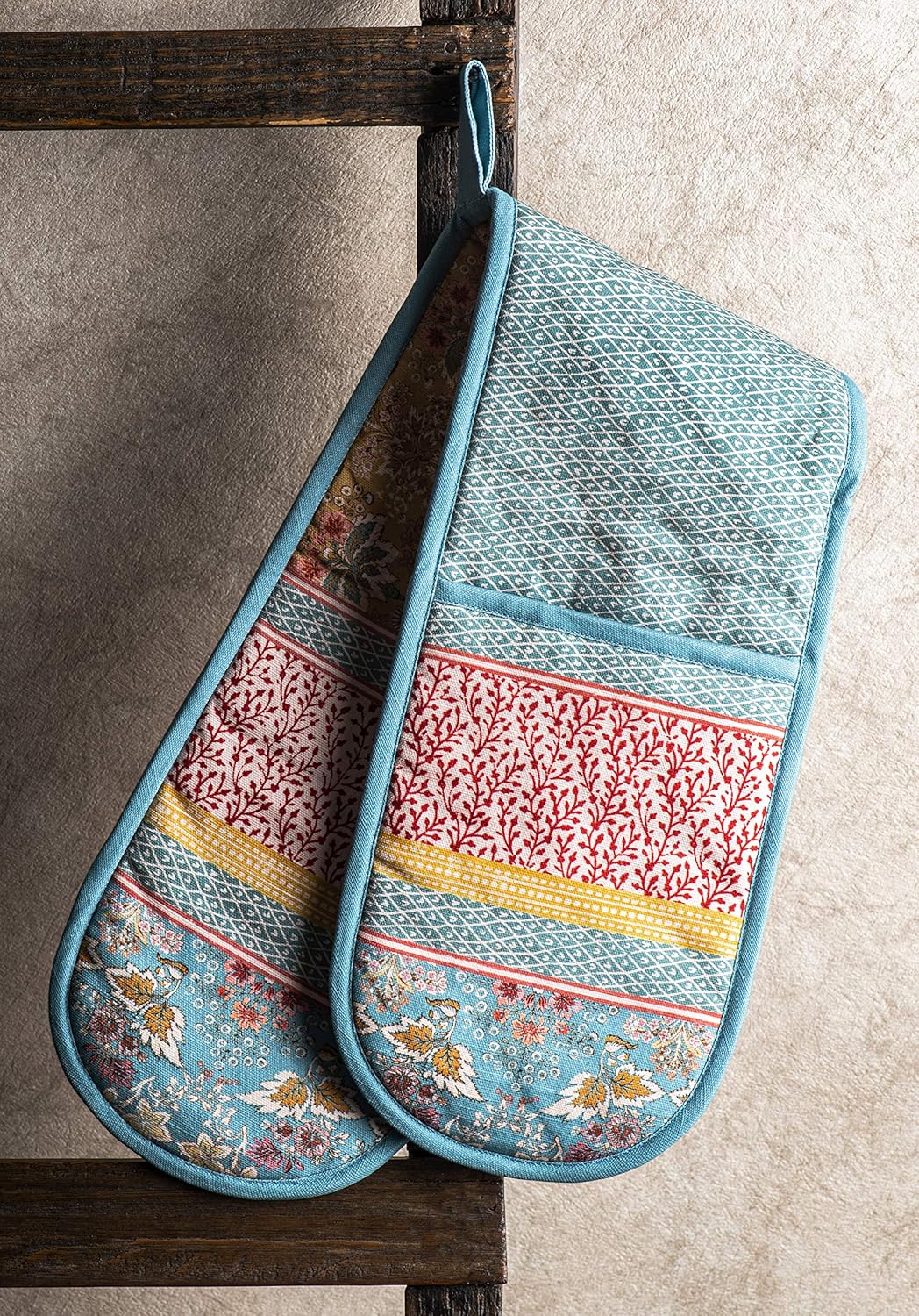 Maison d' Hermine Double Oven Mitts 100% Cotton 7"x35" Double Oven Mitt Heat Resistant BBQ Cooking Gloves with Loop, Baking, Grilling, Home, Kitchen, Handling Hot Pans Spring Summer (Marquise)