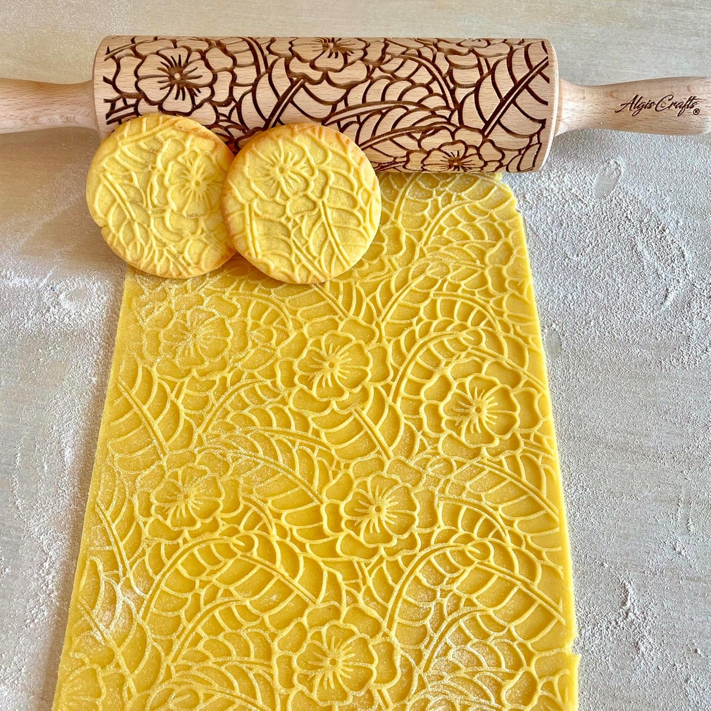 DOILY Embossing Rolling Pin with Flowers Pattern. Dough and Clay Roller for Embossed Cookies and Pottery. Cookie and Ceramic Stamp. Backing Gifts for Women by Algis Crafts